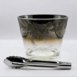 Vintage Silver Ombre Glass Ice Bucket Floral Etched w Tongs MCM Style